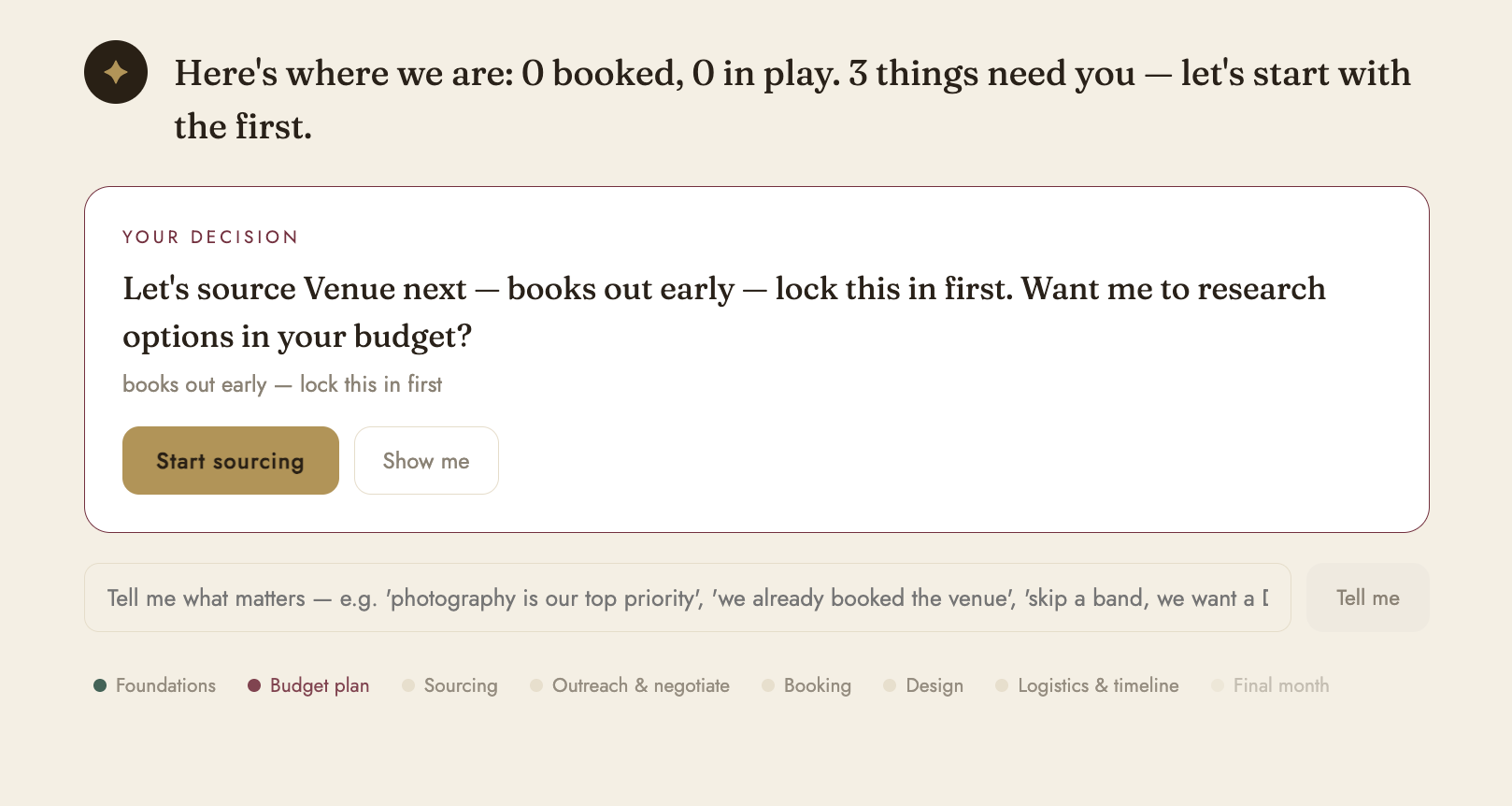 Your live dashboard — budget, confirmed suppliers and what needs you next
