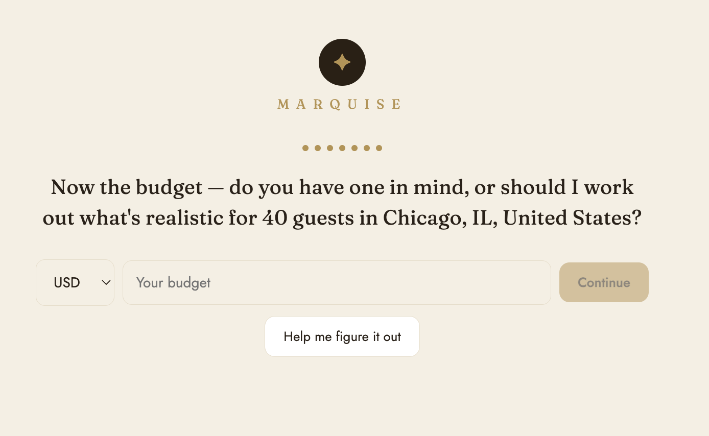 Marquise building a realistic wedding budget from your location and guest count