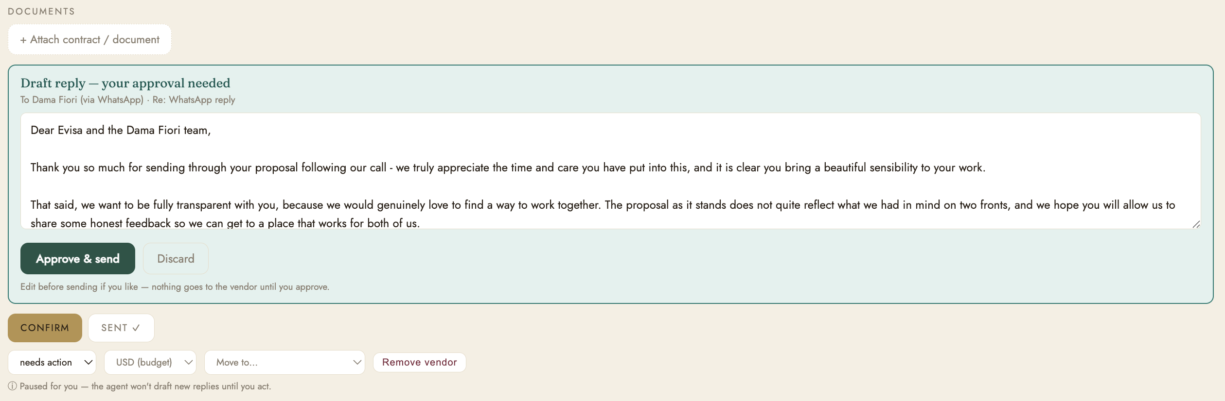 The vendor inbox with a draft reply ready for approval